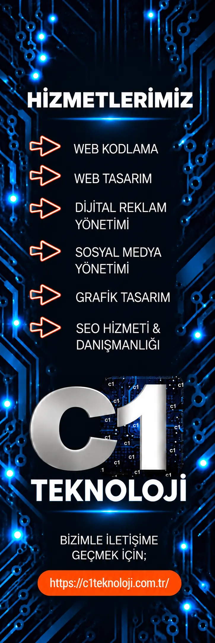 C1 Teknoloji: Web kodlama, web tasarım, dijital reklam yönetimi, sosyal medya yönetimi, grafik tasarım ve SEO hizmetleri